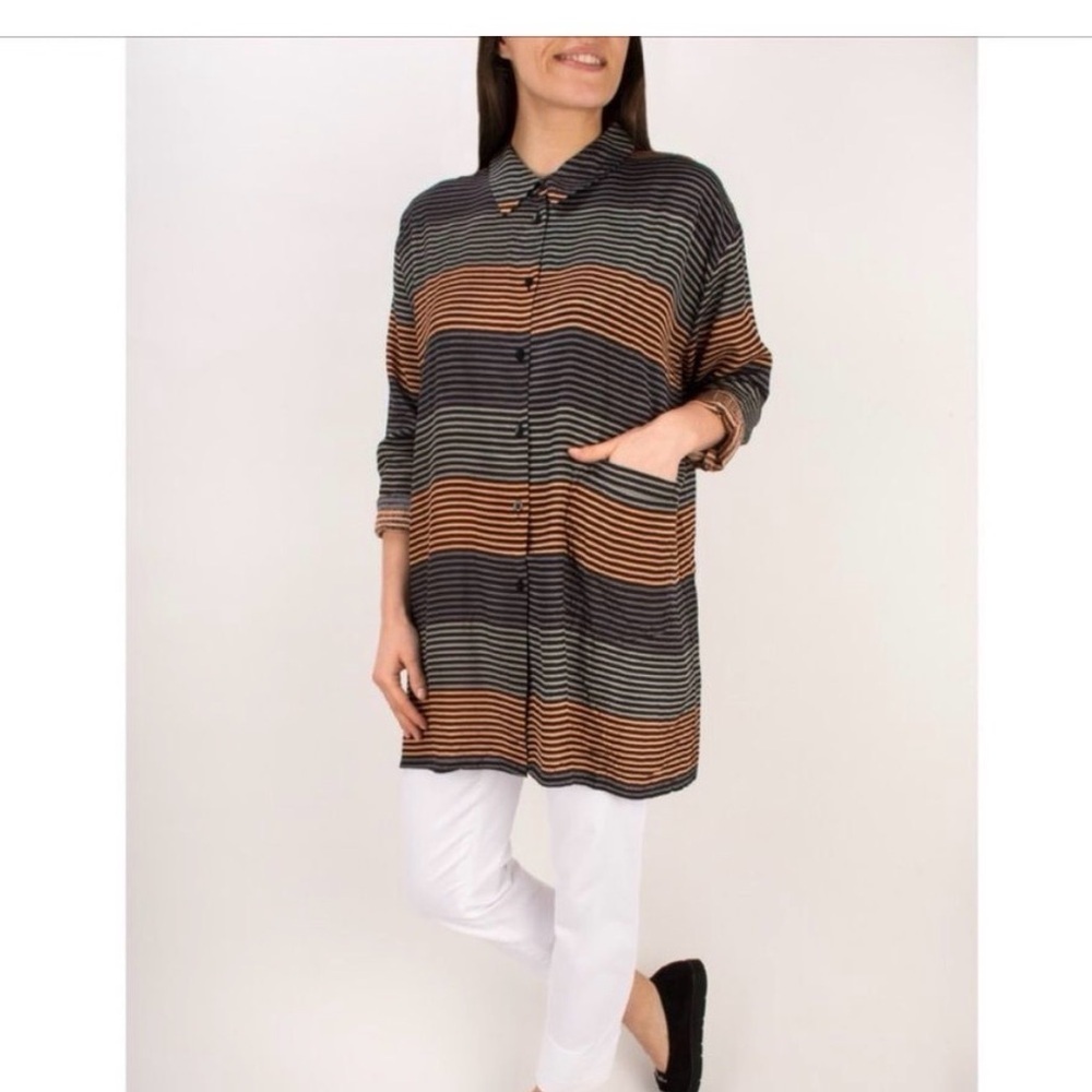 Elegant Striped Button Down Shirt - Black and Orange